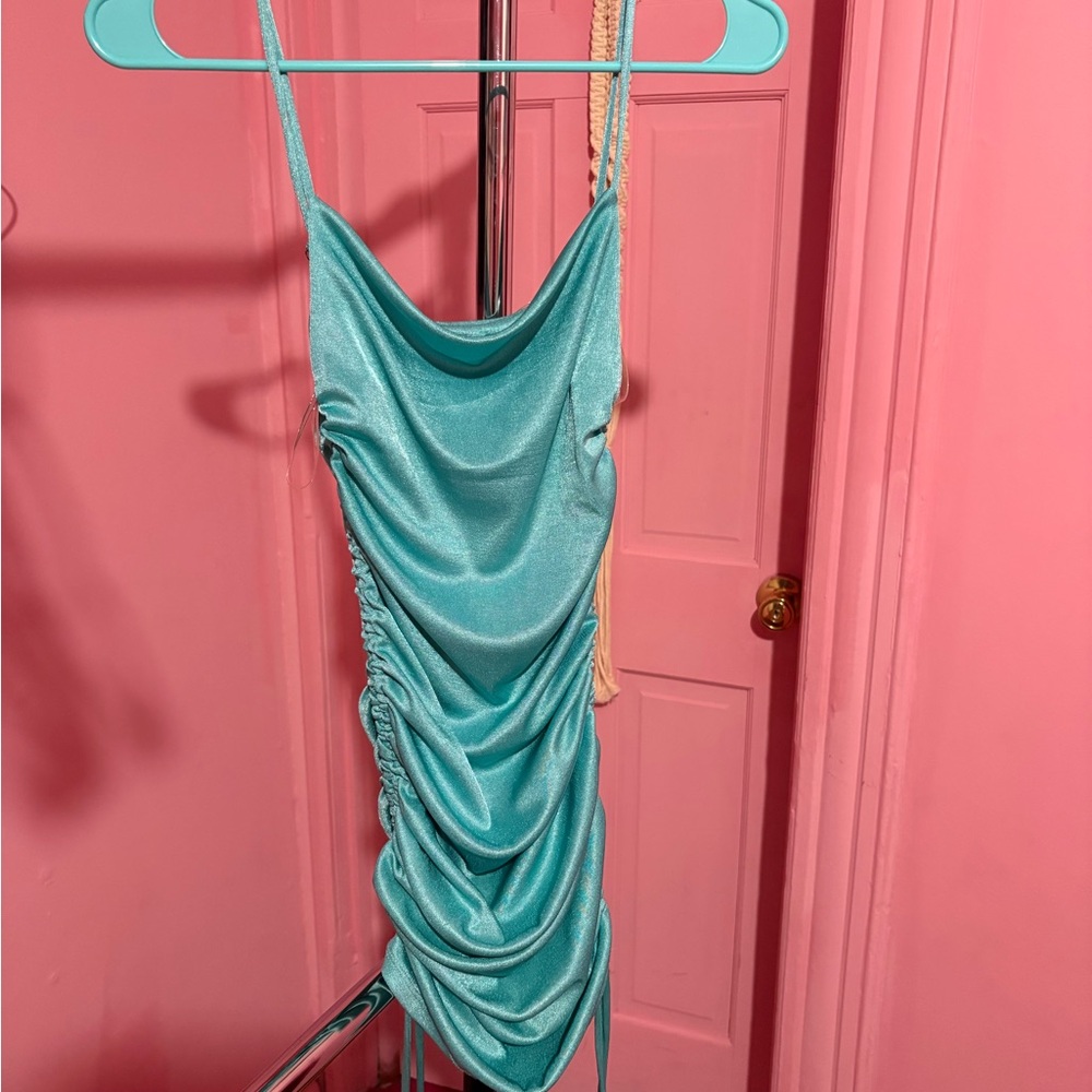 Fashion Nova Shimmering Aqua Mini Dress
